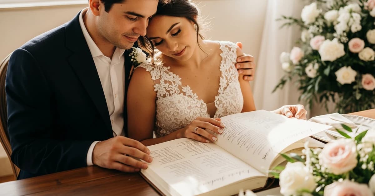 Pareja revisando la lista de invitados de su boda sobre una mesa con papeles y café