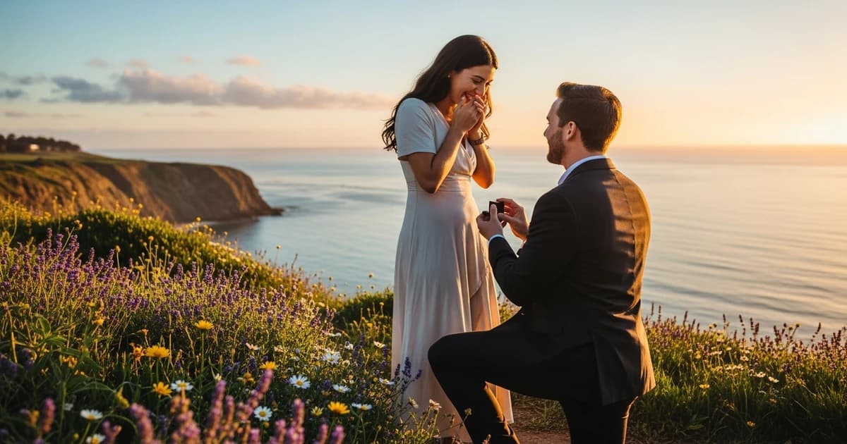 Pareja en mirador romántico durante una pedida de mano al atardecer