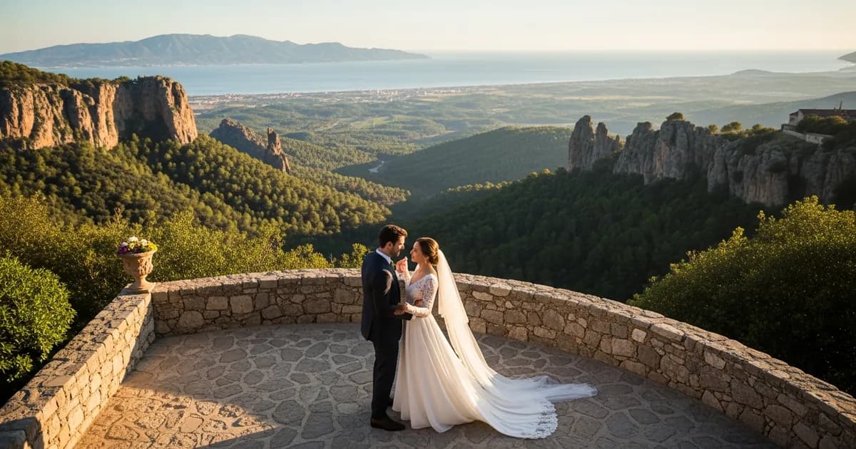 Pareja en un mirador romántico de Cataluña durante una pedida de mano al atardecer