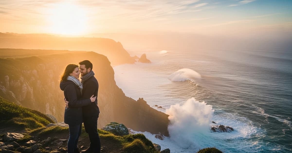 Pareja en un acantilado de la Costa da Morte al atardecer, lugares románticos Galicia