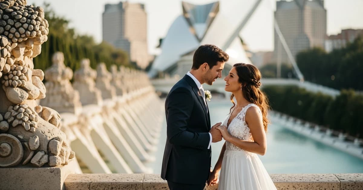 Couple in the Turia Garden at sunset, one of the most romantic places in Valencia to propose