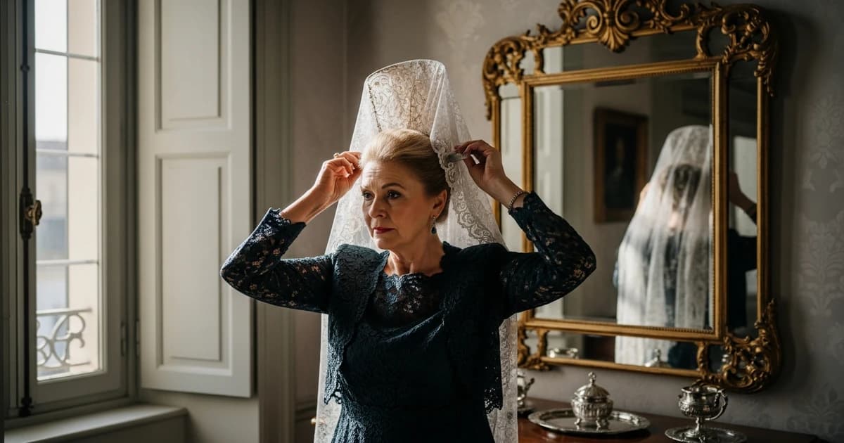 Godmother wearing a white Spanish mantilla over a peineta at a Catholic wedding