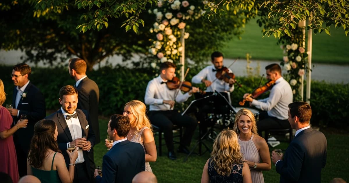 String quartet playing at an outdoor wedding drinks reception