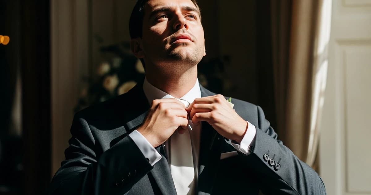 Novio ajustándose el nudo de corbata Windsor frente al espejo el día de su boda