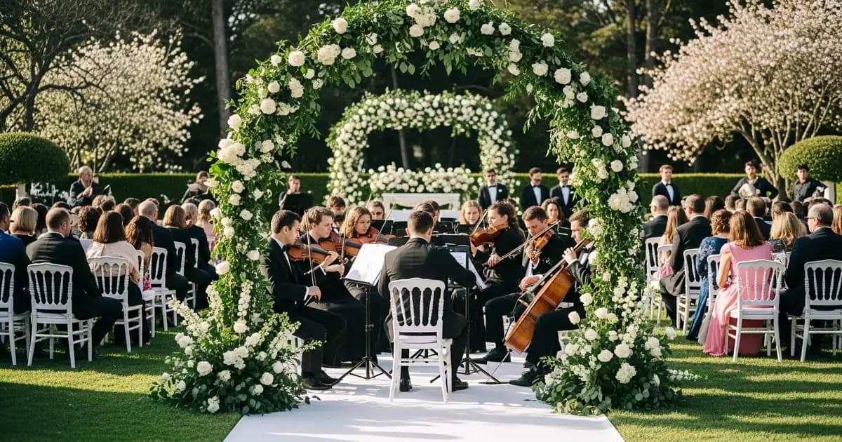String quartet playing at the entrance of a church during a wedding ceremony