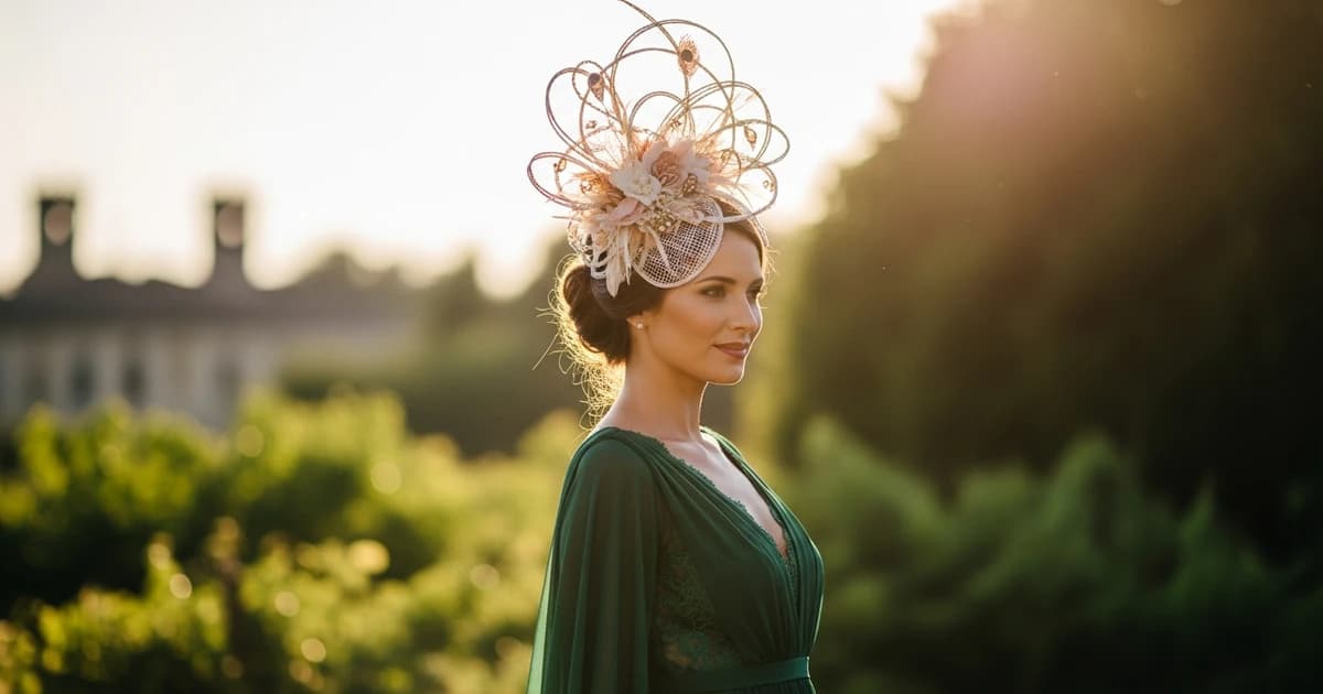 Wedding guest wearing a wide-brim hat and a floor-length dress at an outdoor ceremony