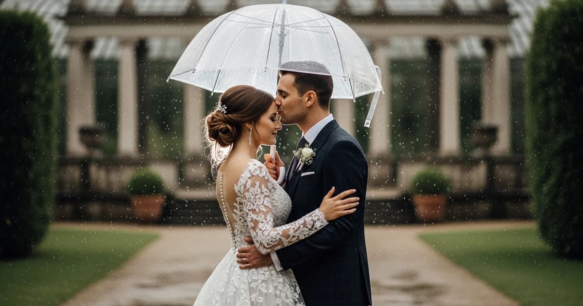Pareja bajo una carpa blanca decorada con flores en una boda con lluvia, plan B activado