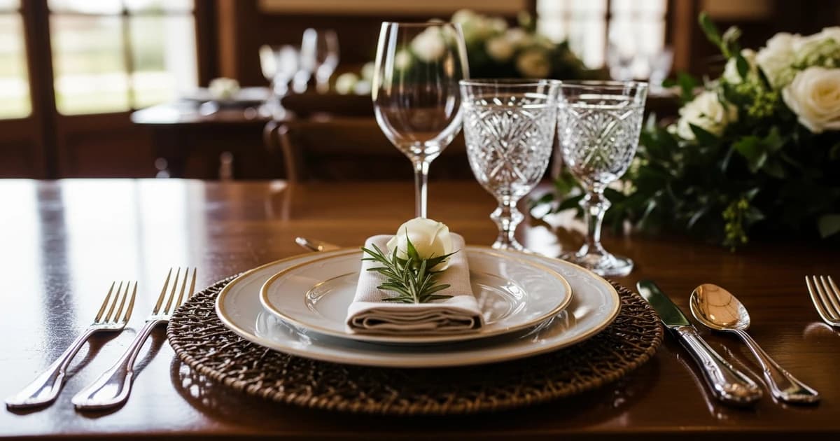 Mesa de banquete nupcial con vajilla elegante, ilustrando el precio por cubierto en una boda