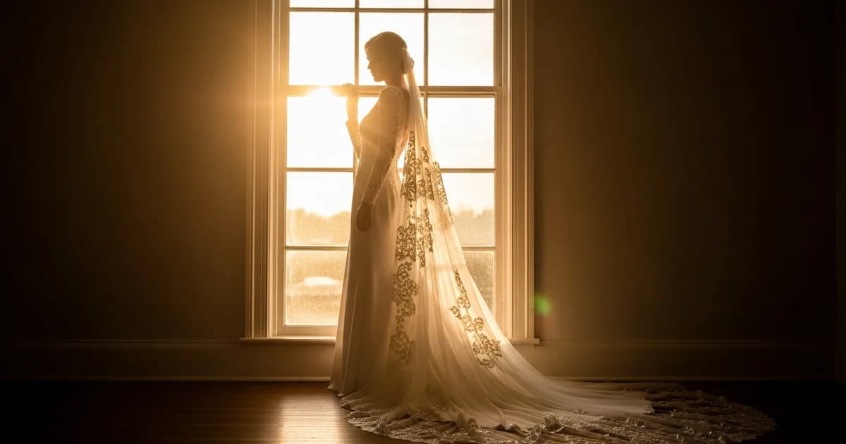 Novia usando un probador virtual de vestidos en el móvil con foto de cuerpo entero sobre fondo neutro