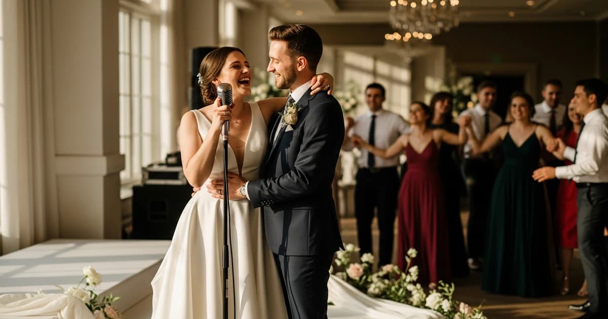 Pareja usando Spotify Jam en su boda para compartir playlist con invitados
