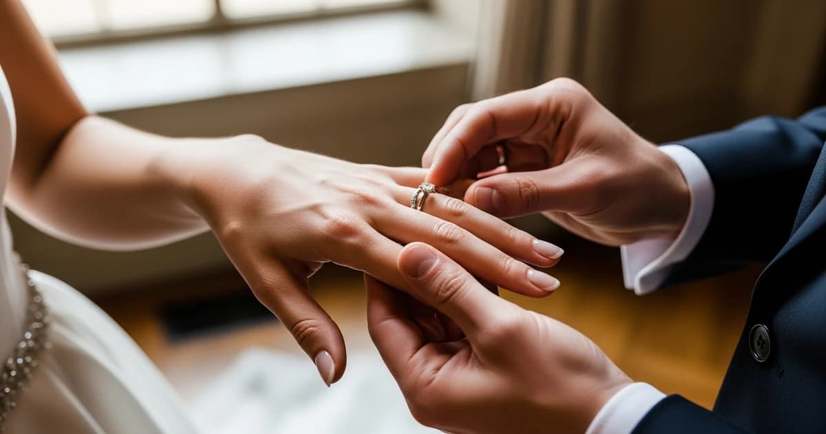 Mujer midiendo la talla de su anillo de compromiso con una cinta métrica en casa