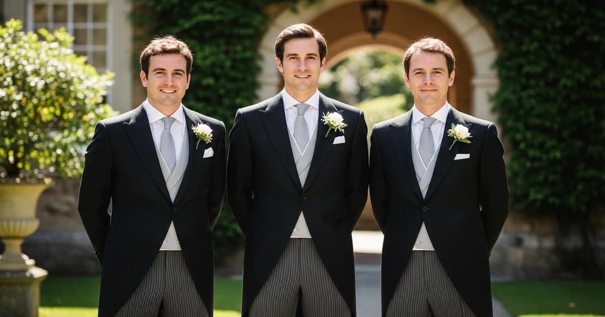 Testigos de boda vistiendo traje de chaqué junto al novio en ceremonia nupcial