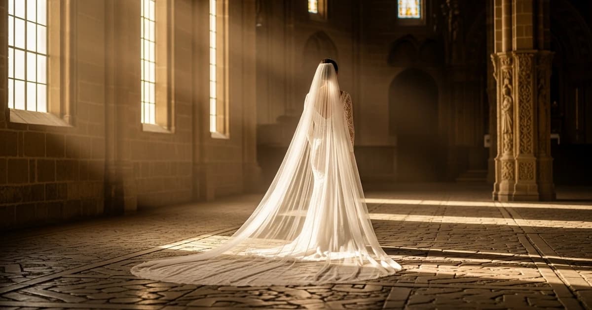 Bride seen from behind with a long cathedral veil over a white gown in a light-filled church