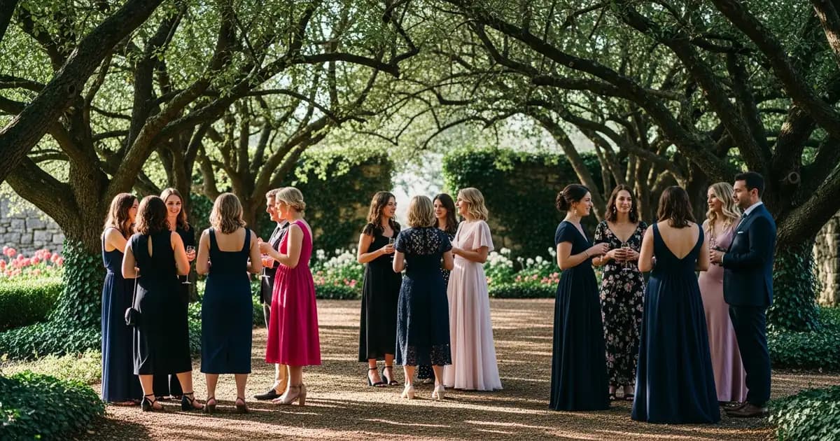 Invitada de boda con vestido midi en color champán comparado con vestido largo de noche para boda formal