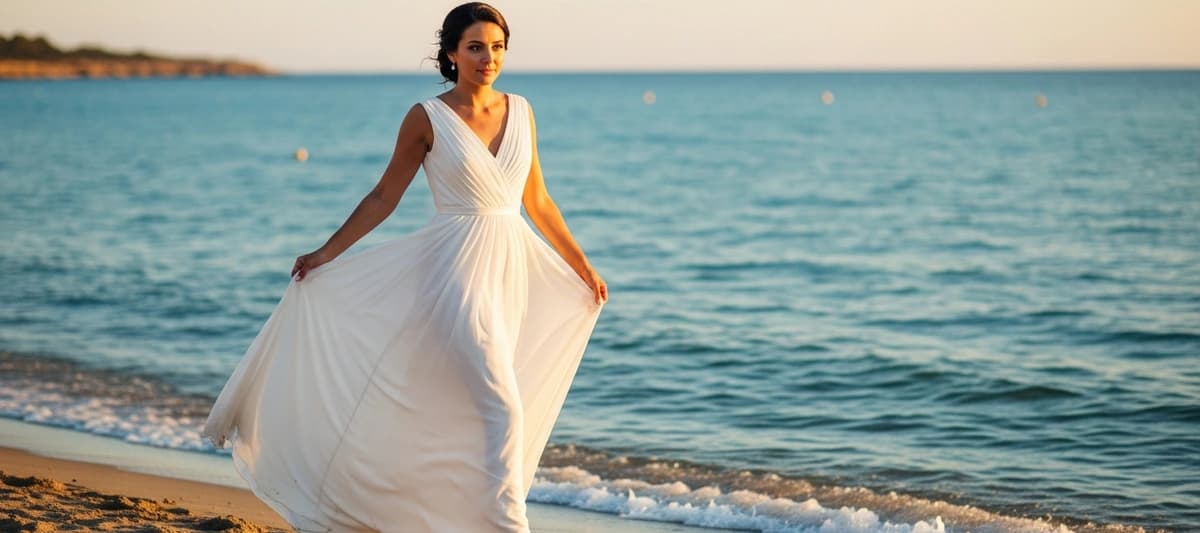 Bride in a flowing white gown walking barefoot along the shoreline at a beach wedding in Spain