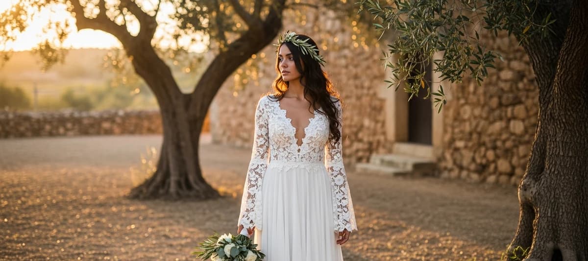 Bride in a boho chiffon and lace wedding dress among olive trees at a Spanish estate at sunset
