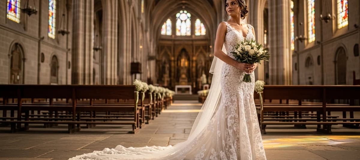 Novia con vestido sirena en encaje ajustado con cola capilla en interior de iglesia española
