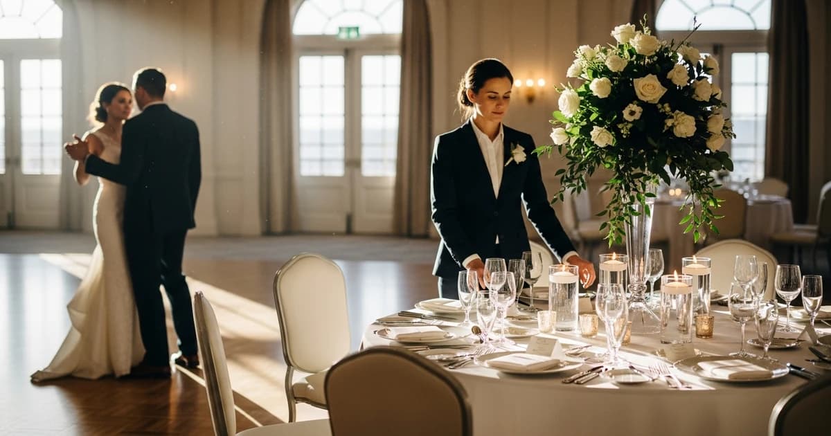 Wedding planner revisando detalles de decoración con una pareja de novios en una finca