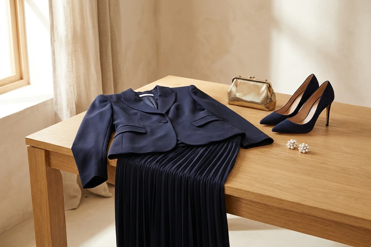 Conjunto de invitada de boda con blazer azul noche, falda midi y clutch sobre mesa de madera