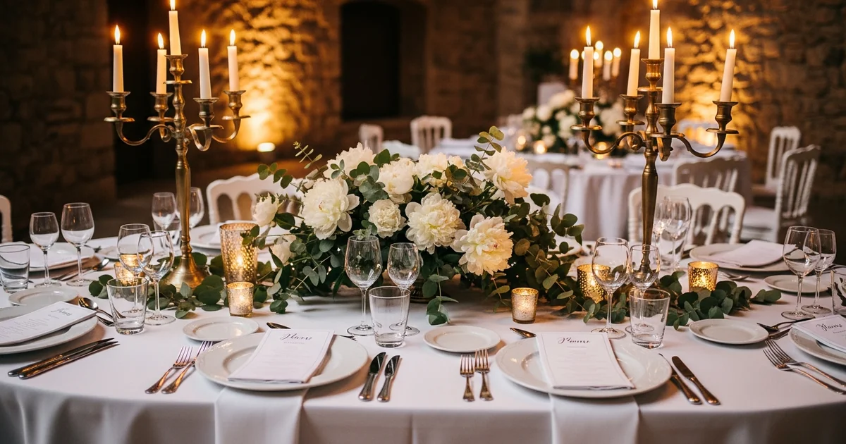 Mesa de boda decorada con velas y flores blancas, estilo boda íntima elegante