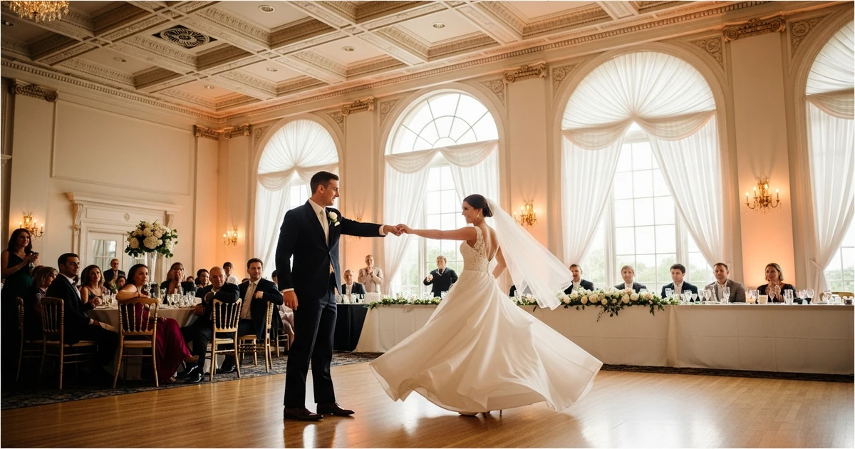 Pareja bailando su primer baile en una recepción de boda íntima y elegante