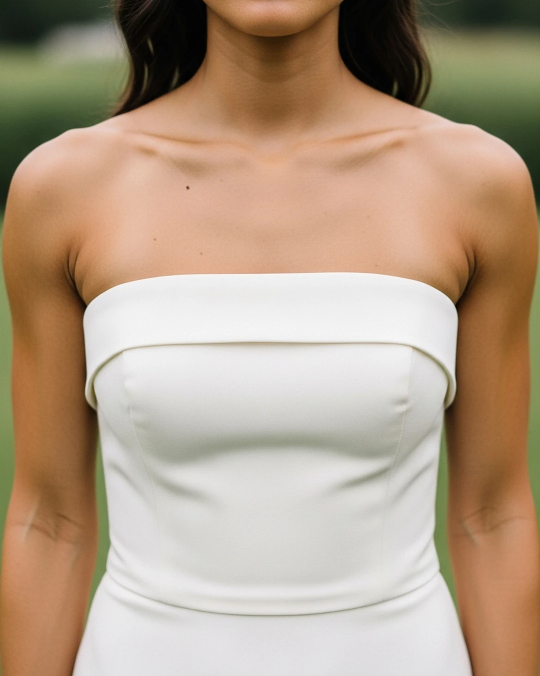 Novia con un vestido palabra de honor que luce hombros y brazos al aire