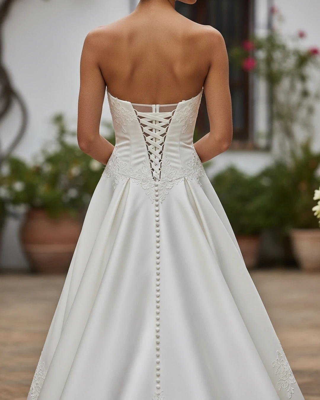 Espalda de un vestido palabra de honor con corsé interior y cierre de botones forrados