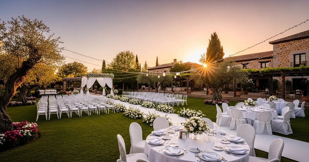 Finca para bodas al atardecer, preparada para una ceremonia íntima