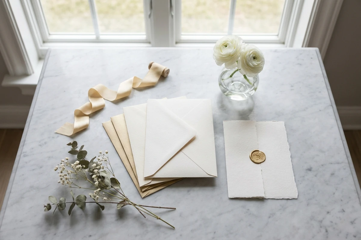 Tirada de invitaciones de boda en papel crema con lacre dorado, lazos de seda y flores secas sobre una mesa de mármol