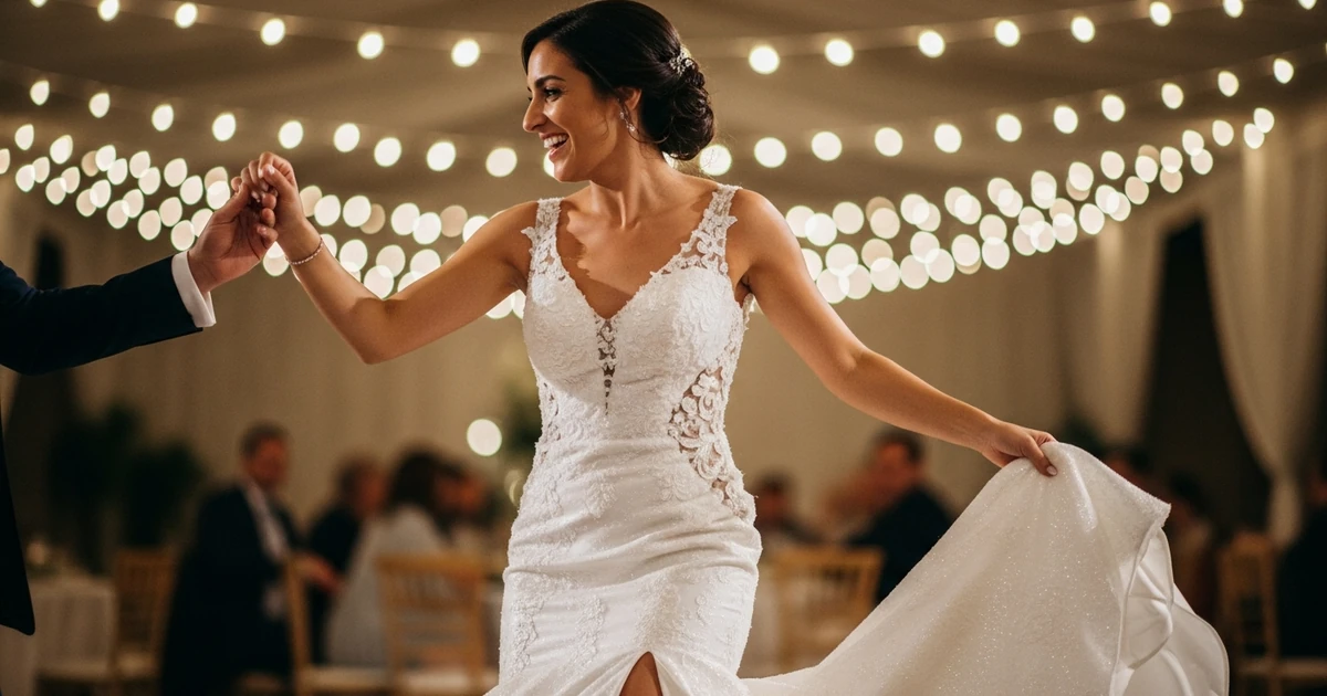Novia con vestido sirena bailando, mostrando la abertura lateral que permite el movimiento