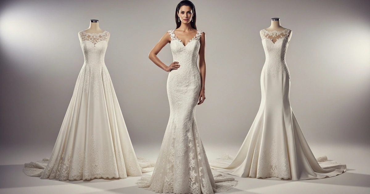 Tres siluetas de vestido de novia: evasé, sirena y trompeta, comparadas lado a lado