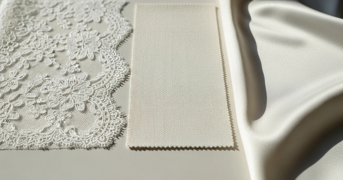 Detalle macro de tres tejidos nupciales: encaje Chantilly, mikado estructurado y satén con brillo