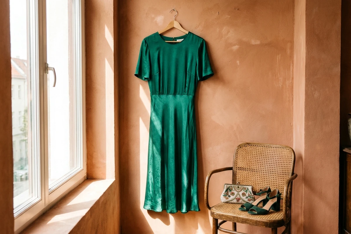 Vestido midi de invitada de satén verde esmeralda colgado junto a una ventana, con sandalias y bolso de mano