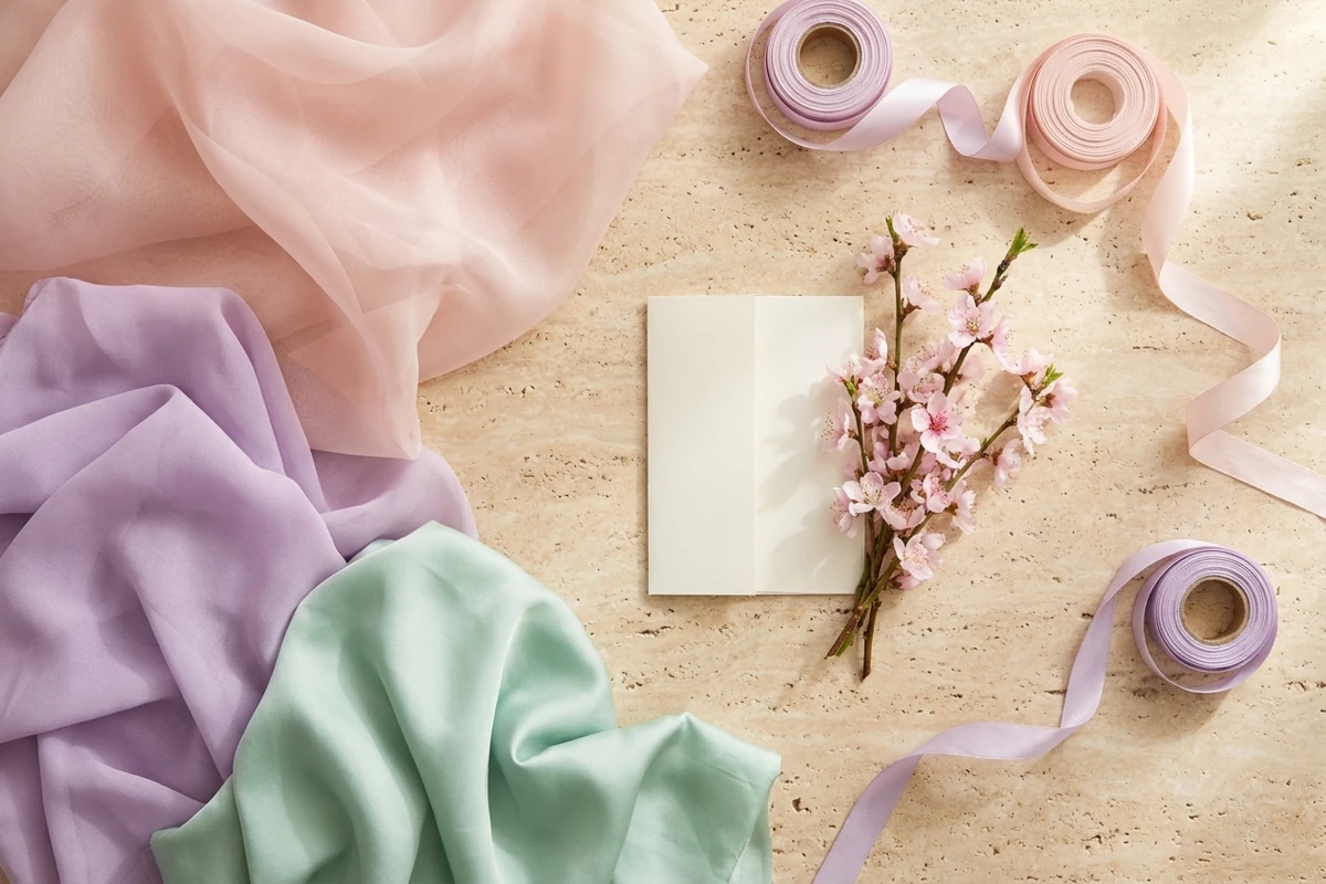 Muestras de organza y chiffon en tonos pastel con raso y ramas de melocotón