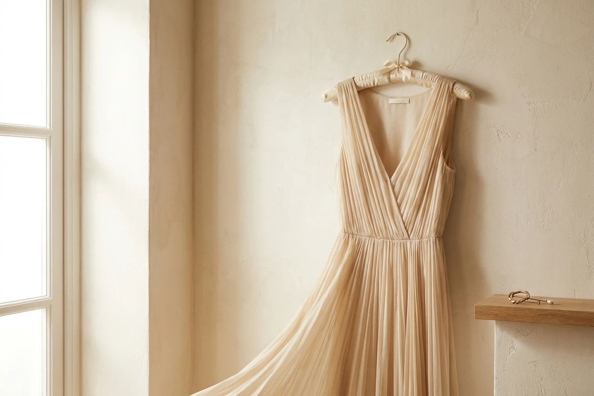 Vestido de gala en tono champagne sobre armería, con luz natural de ventana, la tela de crepé lista para la prueba de sastre