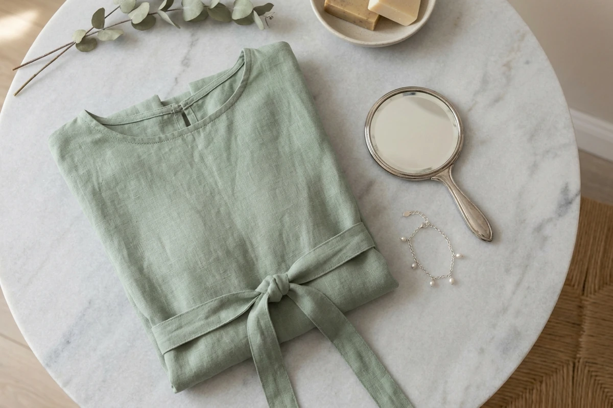 Vestido de fiesta en verde salvia extendido sobre mesa de mármol, con espejo y detalles de luz de tarde