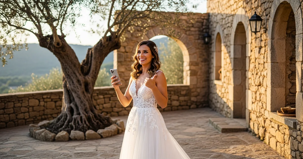 Núvia fent servir l'app gratuïta Wedded per provar vestits de núvia virtualment al seu mòbil