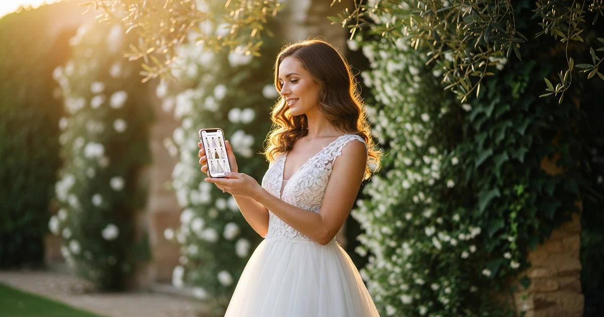 Bride using the free Wedded app to try on wedding dresses virtually with a full-body photo on her smartphone